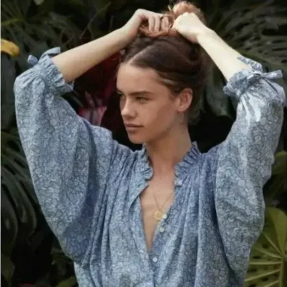 DOEN Rose Top in China Blue Mini Earl Floral Print XS like new - Picture 2 of 5